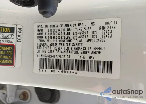 2015 Honda Cr-V Ex-L from USA, damaged, VIN 5J6RM4H77FL121081